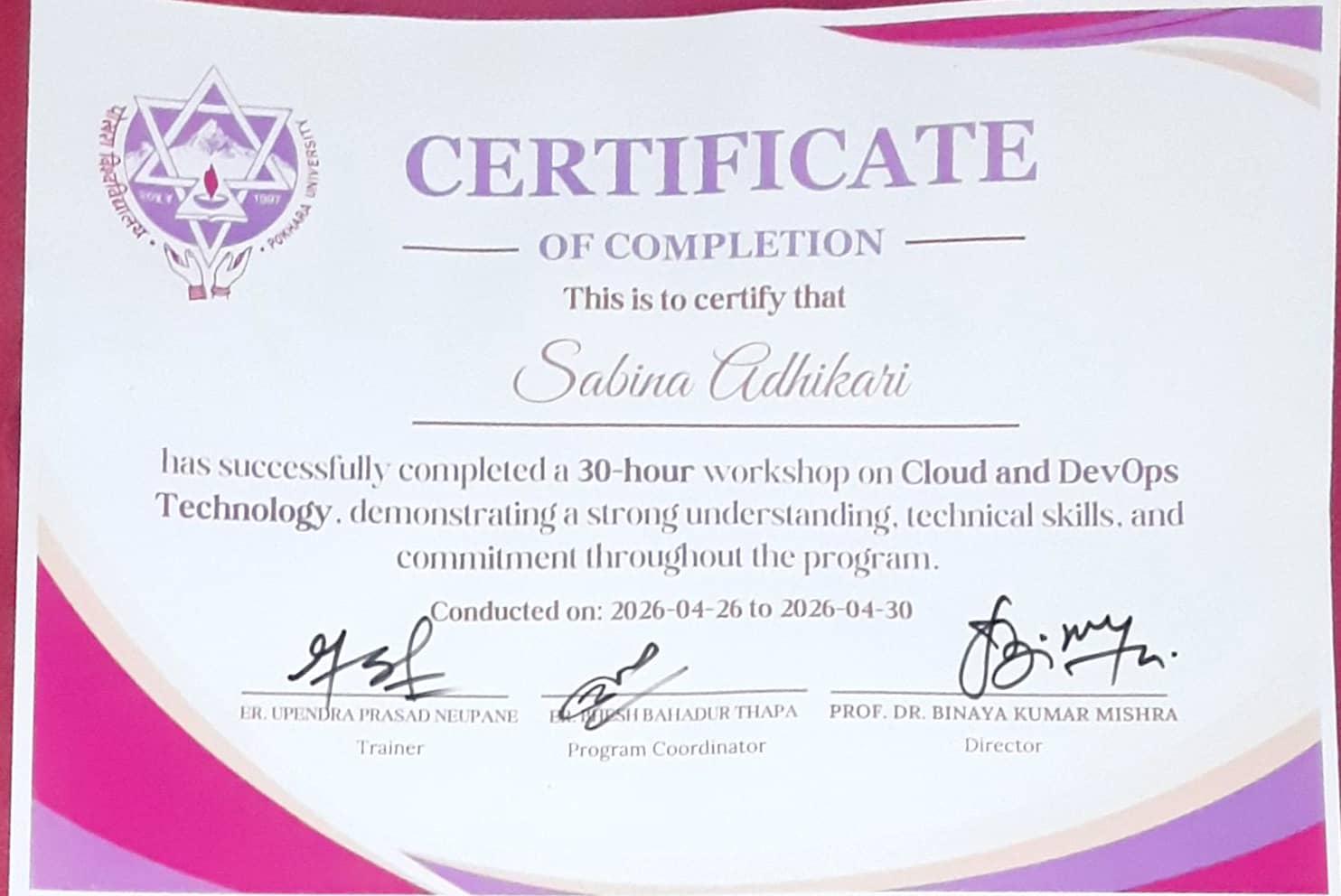 Cloud and DevOps Technology certificate issued by Pokhara University