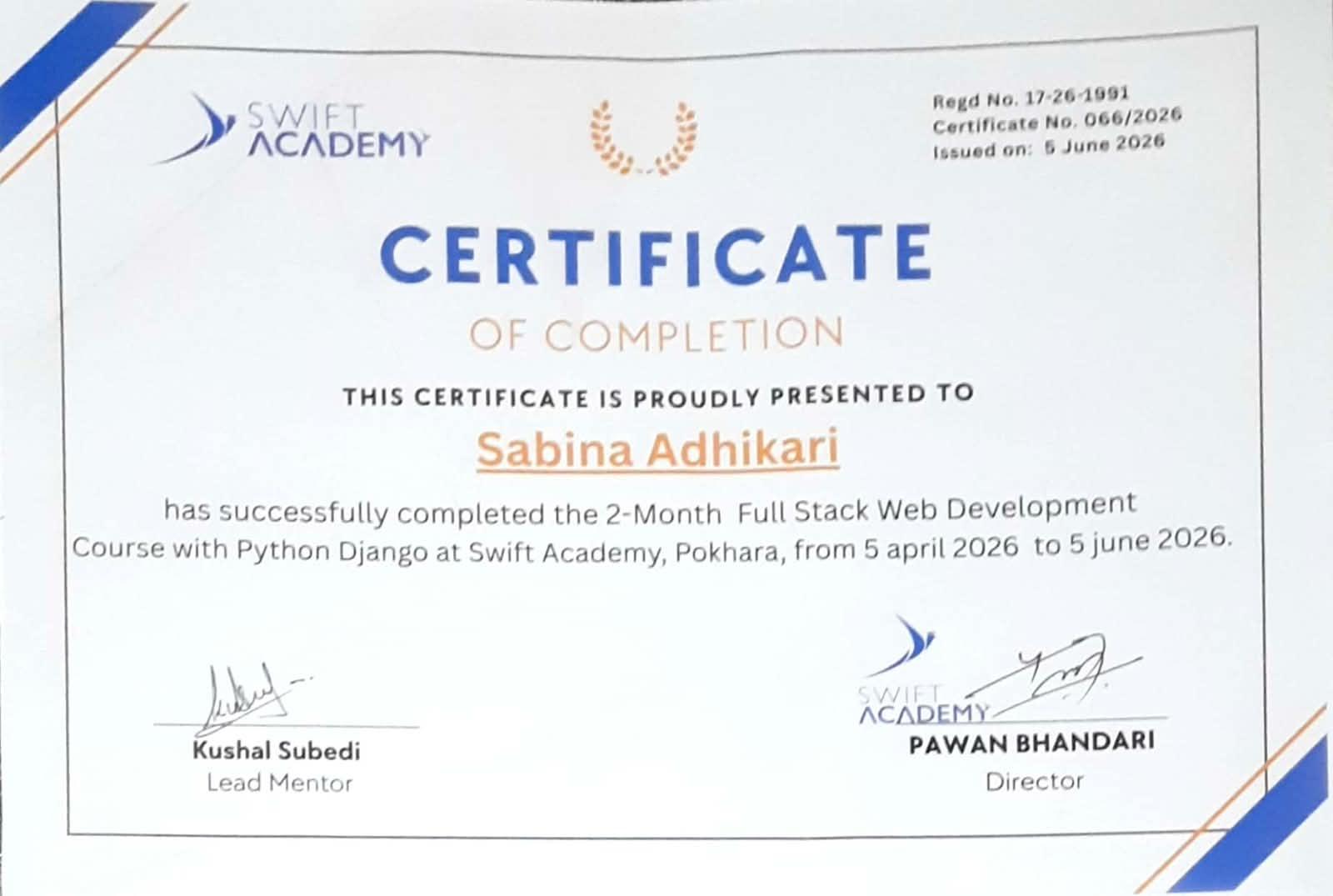 Full Stack Web Development with Python and Django certificate issued by Swift Academy, Pokhara