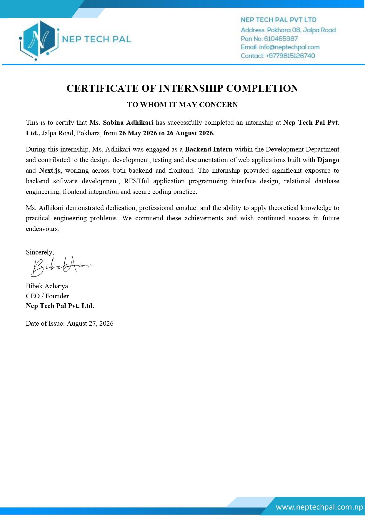 Certificate of Internship Completion - Backend Intern certificate issued by Nep Tech Pal Pvt. Ltd., Pokhara