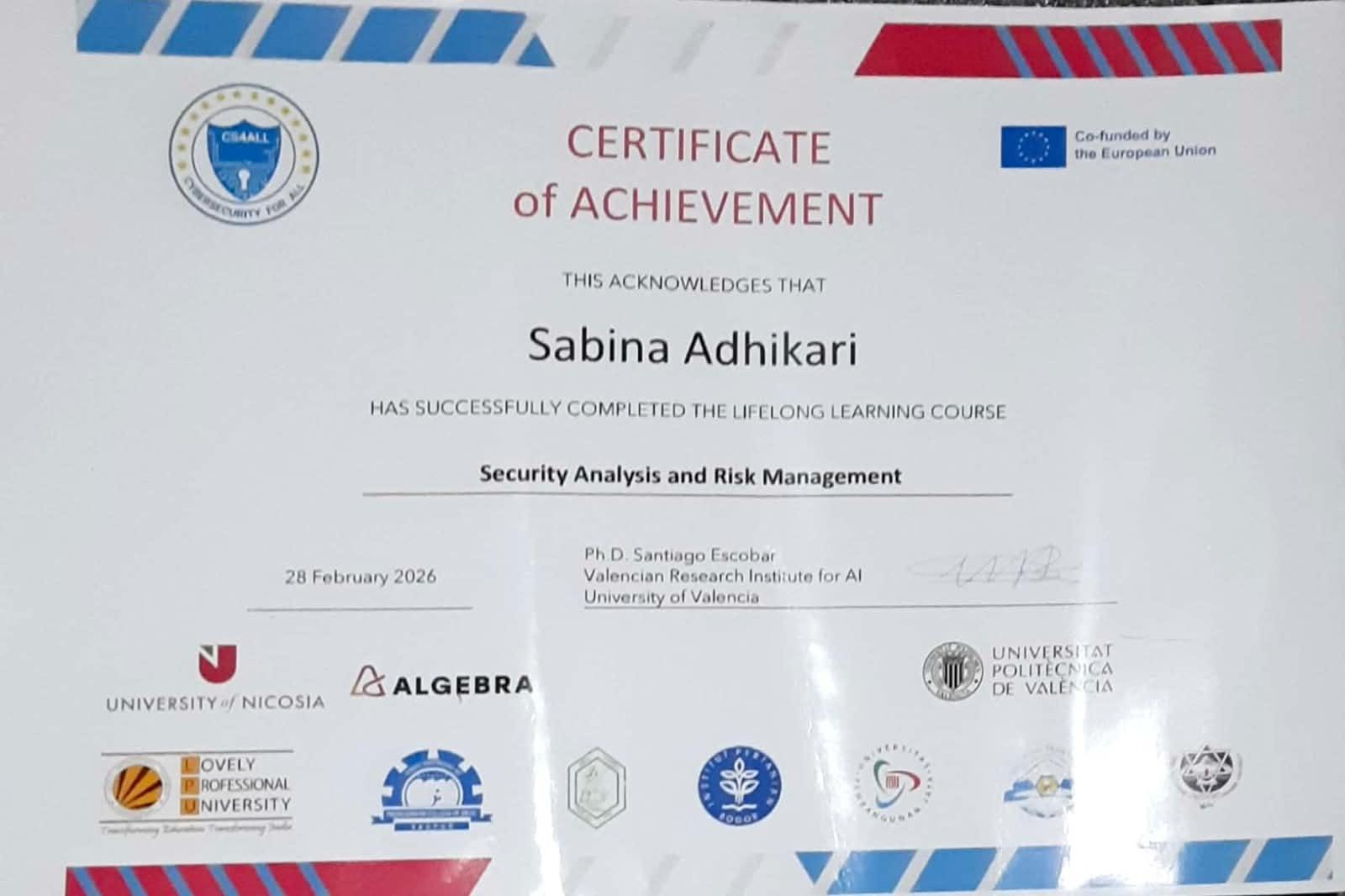 Security Analysis and Risk Management certificate issued by CS4ALL - co-funded by the European Union